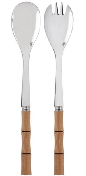 The Sabre Bamboo Salad Set, featuring a stainless steel spoon and fork with bamboo handles, is displayed side by side on a plain background—ideal for serving fresh summer salads.