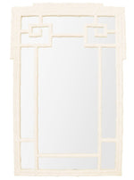 The Bamboo Mirror, White Gesso by Carver's Guild features an ornate white frame with geometric patterns and measures 33" x 45".
