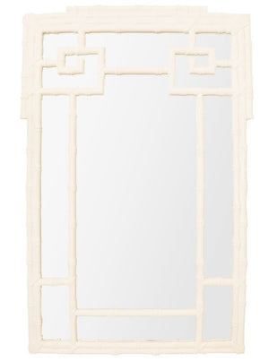 The Bamboo Mirror, White Gesso by Carver's Guild features an ornate white frame with geometric patterns and measures 33" x 45".