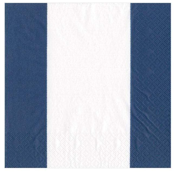 A package of Caspari Bandol Stripe Navy Cocktail Napkins, blue and white with a white stripe.