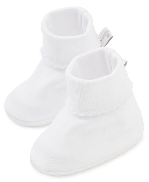 A pair of Kissy Kissy Basics Booties made of Pima Cotton on a white background.