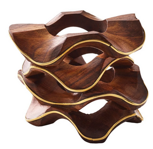 The Pavilion Brown/Gold Napkin Ring by Kim Seybert features a sculptural design with hand-carved details, inlaid brass edging, and an abstract stacked look for an elegant table setting.
