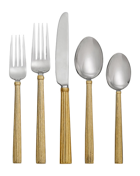 A Michael Aram Wheat 5-Piece Flatware Set, Gold, featuring a wheat design motif, displayed on a white background.
