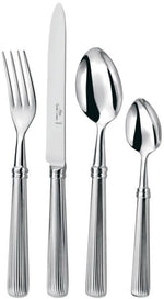 The Alain Saint Joanis Beatrix 5 Piece Flatware Set includes stainless steel fork, knife, tablespoon, teaspoon, and salad fork, each hand finished with a ribbed handle design and arranged side by side.
