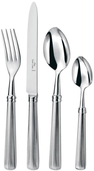 A Alain Saint-Joanis 5 piece Beatrix flatware set, including a fork, knife, tablespoon, and teaspoon made of 18/10 stainless steel, displayed on a white background.