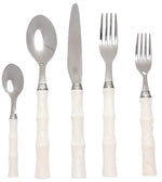 The Blue Pheasant Montecito Acrylic Ivory 5 Piece Flatware Set features durable, dishwasher-safe stainless steel cutlery with textured ivory handles: includes teaspoon, tablespoon, knife, dinner fork, and salad fork.