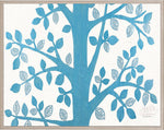 Natural Curiosities' "Paule Marrot Blue Tree" (42" x 54") features a stylized blue tree with branches and leaves on white, framed lightly—evoking Art Deco elegance and reminiscent of Paule Marrot’s iconic prints.