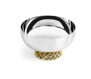 The Michael Aram Love Knot Nut Dish features a polished silver bowl with a reflective finish and a decorative gold woven Love Knot base, symbolizing togetherness, displayed against a white background.