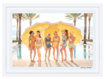 Six women in swimsuits stand by a pool under a large yellow-striped umbrella, echoing the Gray Malin Cabana Girls at The Breakers Palm Beach, with palm trees swaying gently in the background.