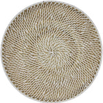 The Calypso Rattan Placemat Set by Deborah Rhodes features hand-woven round trays with a spiral design in natural and white fibers, ideal as versatile indoor-outdoor placemats for any setting.