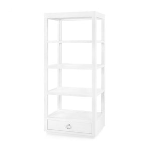 The Camilla Etagere by Bungalow5 is a white, rectangular open-shelf unit with four shelves and a bottom drawer featuring a Chrome Finish Ring Pull.