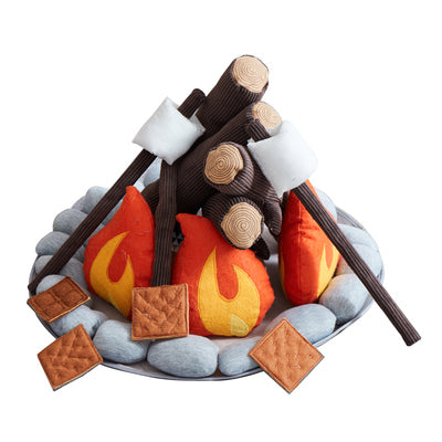 A Asweets Campout Camp Fire and 'Smores, surrounded by a stuffed animal enjoying pretend s'mores with marshmallows.