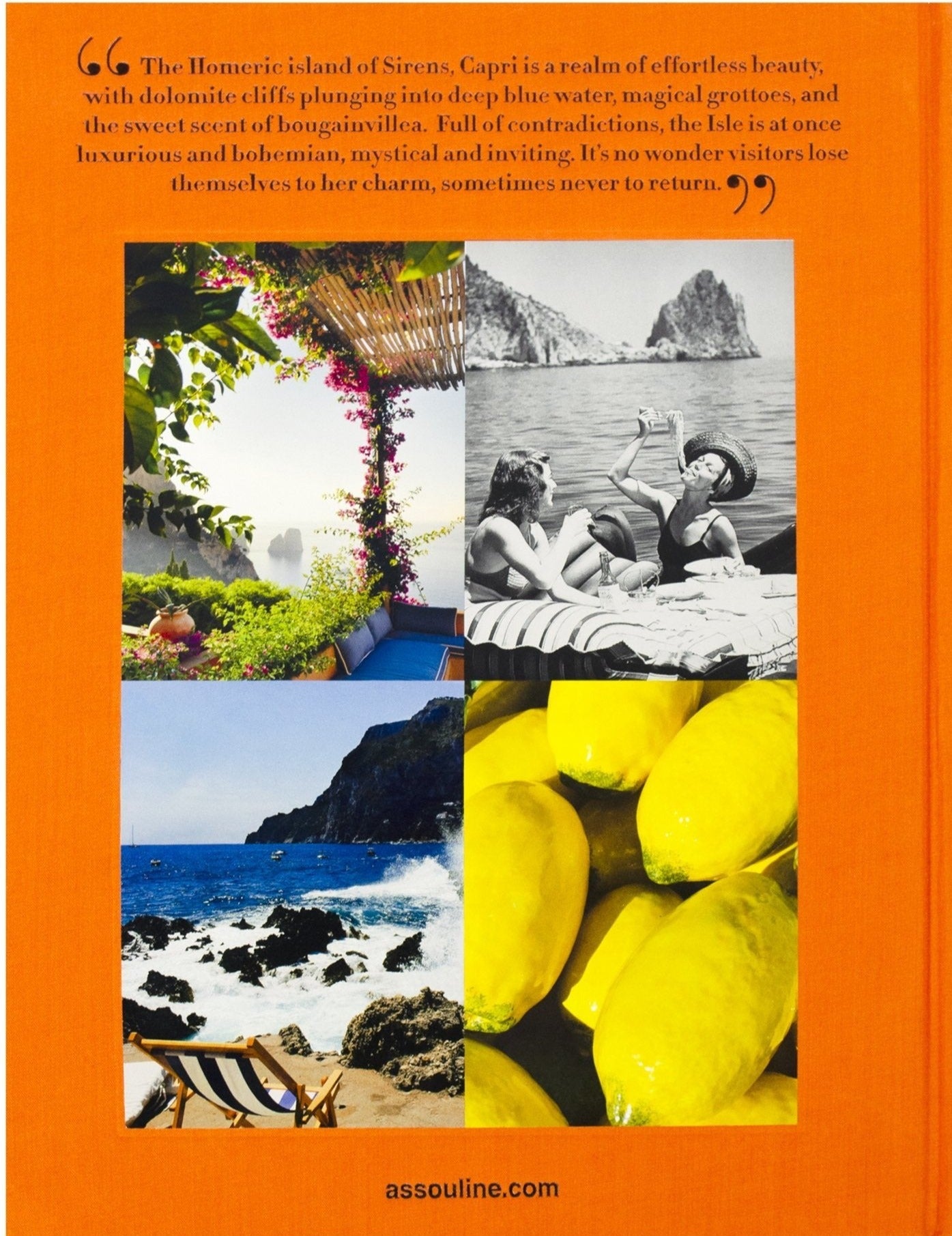 A collage of images showcasing the natural and leisurely aspects of Capri, including its rugged coastline, vibrant flora, and relaxed boating activities, all epitomizing the Mediterranean spirit. These scenes are from "Capri Dolce Vita" by Assouline.