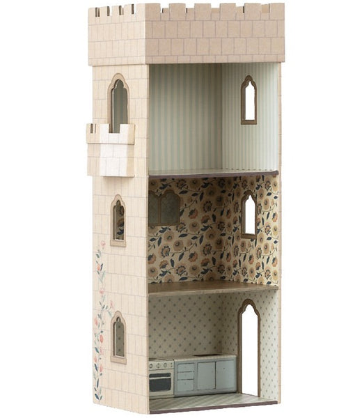 A Maileg Castle with Kitchen with Maileg prints and a balcony, perfect as a home for mice.