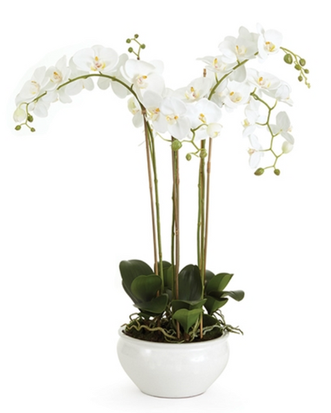 Barclay Butera Faux Phalaenopsis White Orchid Drop-In in a Napa Home & Garden ceramic bowl, 30