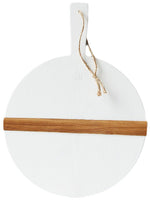 The etúHOME White Round Mod Small Charcuterie Board features a handle, twine loop, and a light brown wooden accent strip—ideal for serving charcuterie in style.