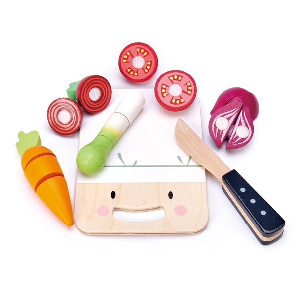 Tenderleaf Mini Chef Chopping Board and Tender Leaf Toys wooden toy vegetables with a smiling face, arranged on a white background.
