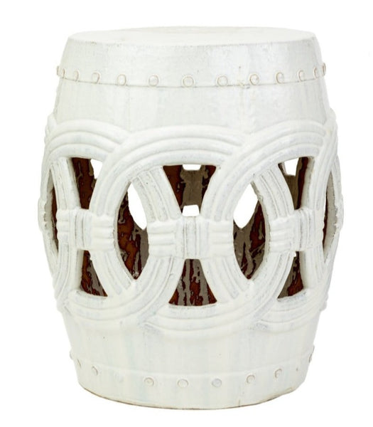 A versatile Circle Garden Stool, Rustic White from Van Cleve Collection with a circular design, adding a pop of color to any outdoor space.