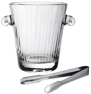The William Yeoward Crystal Corinne Ice Bucket with Tongs is a handmade glass bucket with an elegant pattern, two side handles, and includes metal ice tongs.