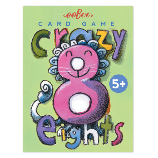 A colorful packaging of the "Eeboo Crazy Eights Playing Cards" for ages 5 and up featuring whimsical illustrations of suits, cards, and numbers.