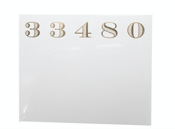 Transparent plastic sheet with the numbers 33480 printed in a decorative font, housed in a luxurious Black Ink Notepad Holder.