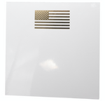 The Black Ink Flag Small Paddie is a blank white card with a gold-embossed U.S. flag in the upper left—crafted from quality paper and ideal for displaying in your Lucite Notepad Holder.