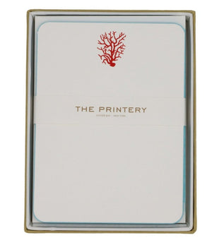 The Coral Card Set by Printery features bright white cards with azure blue edges, matching envelopes, and a red poppy coral design at the top. Labeled “Printery, Oyster Bay, New York.”.