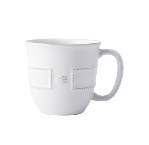 A Juliska Berry & Thread coffee tea cup designed to resemble a knit sweater, with embossed patterns mimicking stitches and a button detail, isolated on a white background.