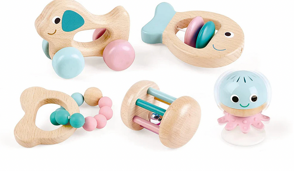 A set of Hape Multi-Stage Sensory Gift Sets featuring baby rattles perfect for helping with developmental milestones.
