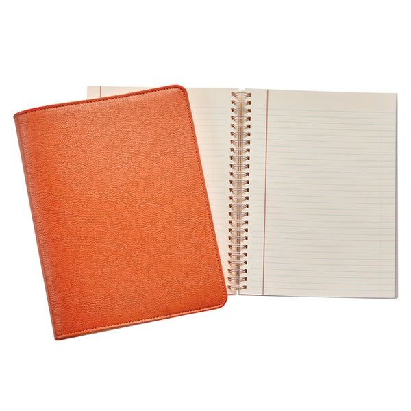 A Graphic Image Leather Wire Ring Notebook, Orange, 9" cover partially open with a spiral journal featuring premium paper inside, isolated on a white background.