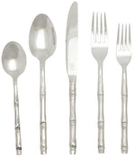 The Blue Pheasant Liliana Polished Silver Bamboo 5 Piece Flatware Set features a teaspoon, tablespoon, knife, dinner fork, and salad fork with textured bamboo-style handles in dishwasher safe stainless steel.