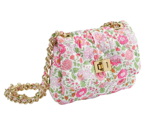 Milledeux Small Chain Bag in Liberty Print with gold chain strap and quilted flap closure.