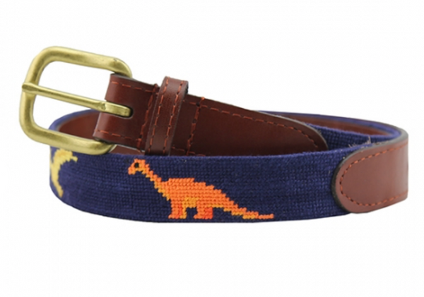 Children's Smathers & Branson blue fabric belt with a dinosaur pattern and a leather finish.