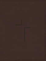 A Thomas Nelson NIV Jesus Bible Leathersoft Brown book cover with an embossed abstract design in the center.