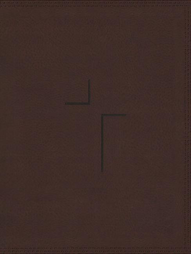 A Thomas Nelson NIV Jesus Bible Leathersoft Brown book cover with an embossed abstract design in the center.