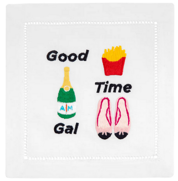 Embroidered patch featuring the phrases "good time gal" with images of a champagne bottle, French fries, and ballet slippers on a white background, perfect for decorating August Morgan Cocktail Napkins Good Time Gal, Set of 4.