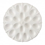 The Juliska Berry & Thread Whitewash Deviled Egg Platter features eighteen oval indentations arranged in a circular pattern, inspired by the signature Berry & Thread Collection.