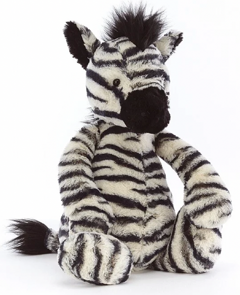 Jellycat bashful zebra on white background.
