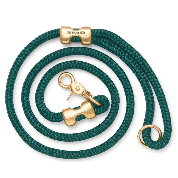 A green Foggy Dog Marine Rope Dog Leash with brass hardware and a bone-shaped charm.