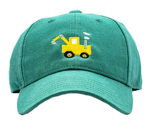 A green cotton Harding Lane Kids' Excavator Hat with a yellow excavator embroidered on it.
