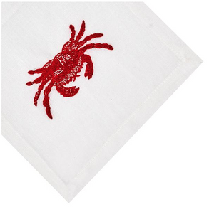Set of 4 coasters by Haute Home featuring a delicate hand-embroidered red crab design.