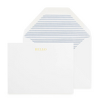 The Sugar Paper Ticking Stripe "Hello" Card Set includes white note cards with "HELLO" in gold foil and white envelopes lined with gray and white stripes.