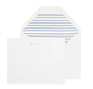 The Sugar Paper Ticking Stripe "Hello" Card Set includes white note cards with "HELLO" in gold foil and white envelopes lined with gray and white stripes.