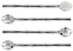The Grove Bamboo Stirring Spoons Collection by Napa Home & Garden features four stainless steel spoons with bamboo-patterned handles, arranged parallel on a white background—a stylish upgrade for any barware set.