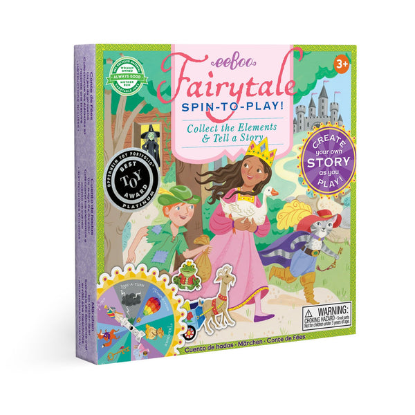 A children's board game box, titled "eeboo Fairytale Spinner Game," featuring illustrations of a castle, princess, unicorn, and other magical objects.