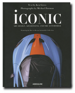 Cover of the Assouline book "Iconic: Art, Design, Advertising, and the Automobile" featuring a top view of a blue and orange supercar. Text by Ken Gross, photographs by Michael Furman.