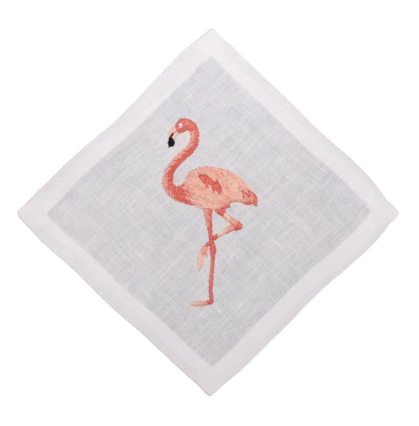Hand-embroidered pink Flamingo Coasters made of linen by Haute Home.