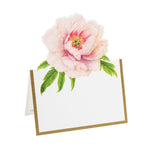 The Caspari Blush Die-Cut Place Card is a tent-style card made from sturdy cardstock, featuring a gold border and a large pink peony with green leaves at the top.