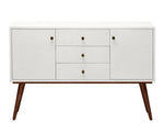The Mara Buffet Pristine Raffia by Made Goods is a vintage-inspired, white mid-century modern sideboard featuring three central drawers, two side cabinets, wooden legs, and textured faux-raffia details—perfect for dining room storage.