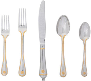 Juliska Berry & Thread 5 Piece Flatware Set, Polished with Gold, features two forks, a knife, tablespoon, and teaspoon arranged side by side on a white background for an elegant French-inspired touch.